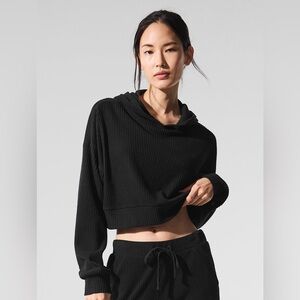 Black Ribbed Cropped Hoodie - Women Tops